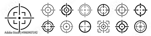 Aim target icon set. Gun target, focus, sniper, shoot, reticle, sharpshooter, crosshair symbol on white background - stock vector.