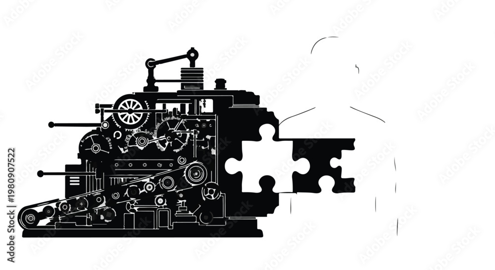 Obraz premium Industrial machine with puzzle piece, manufacturing concept