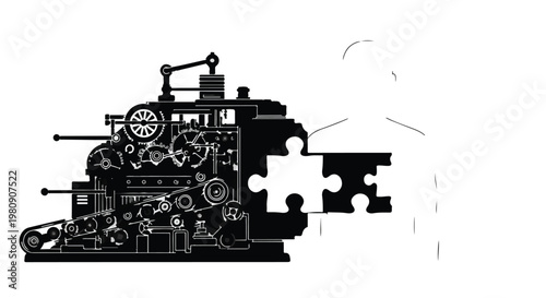 Industrial machine with puzzle piece, manufacturing concept