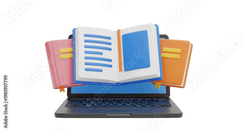 Vector illustration of 3d illustration of an open book floating above a laptop computer on a transparent background