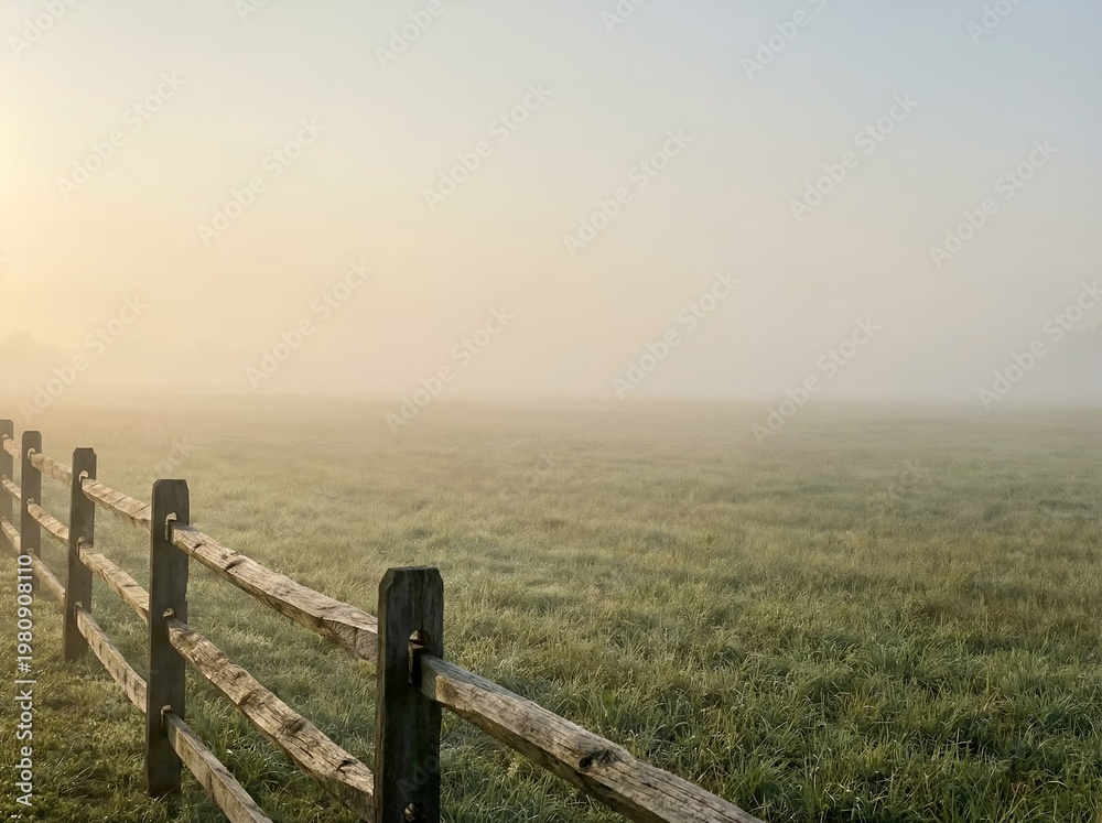 Fototapeta premium Foggy Field with a Wooden Fence and Morning Mist Under a Soft Sunrise Glow