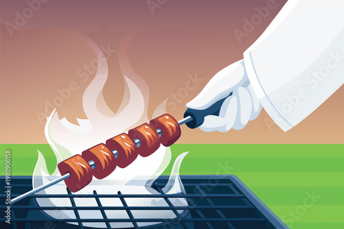 Grilling Kebab Skewers Scene Vector Illustration