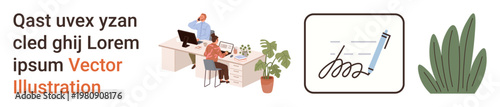 Office teamwork, business growth, online collaboration, contract signing, productivity, modern workspace. Two professionals working at desks, a document with a pen and a plant. Office teamwork