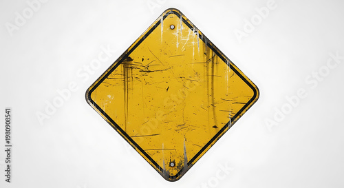 A detailed rendering of a damaged yellow diamond road sign on transparent background