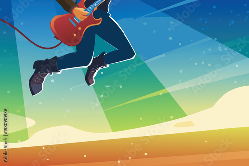 Guitarist Jumping Mid Air Scene Vector Illustrati