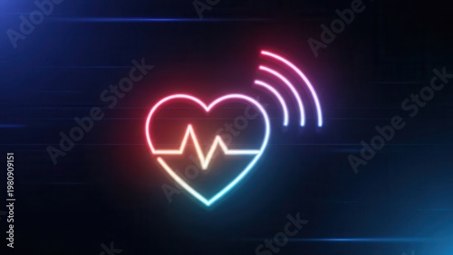 Dynamic neon heart with rhythmic pulse and wireless signals for modern health tech applications
