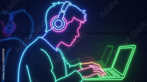 Neon outline of a person engaged with technology, wearing headphones and using a laptop in a