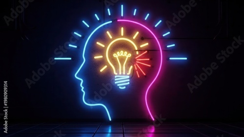 Vibrant neon human head silhouette illuminated by a glowing lightbulb representing a bright idea