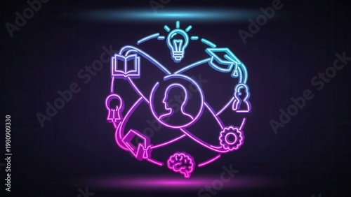 Dynamic Neon Network Illustrating Holistic Personal Growth and Continuous Knowledge Acquisition