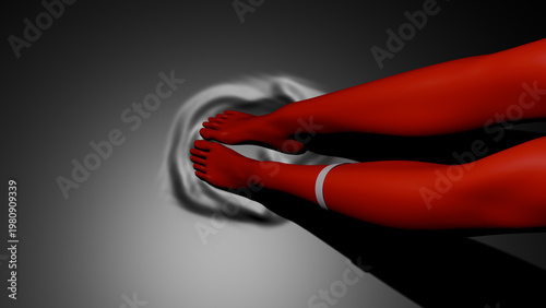 Red 3D Humanoid Legs and Feet Stepping into Black Liquid Surface, Abstract Surreal Concept Art
