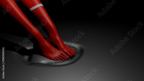 Red 3D Humanoid Legs and Feet Stepping into Black Liquid Surface, Abstract Surreal Concept Art