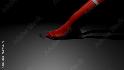 Red 3D Humanoid Legs and Feet Stepping into Black Liquid Surface, Abstract Surreal Concept Art