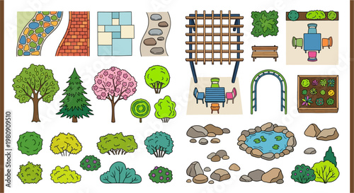 A collection of colorful cartoon style garden and landscape elements