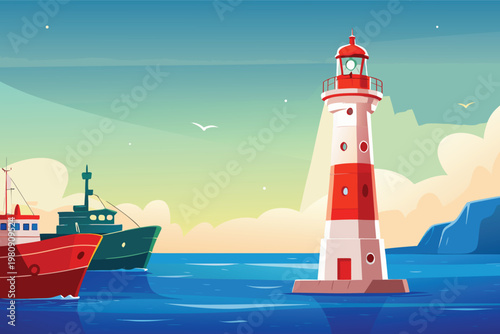 Harbor Lighthouse Scene Vector Illustration of li