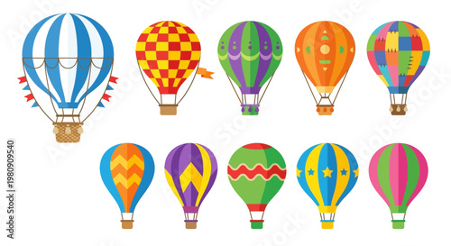 Colorful hot air balloons arranged in a row on a white background