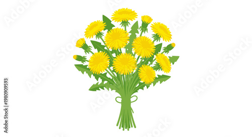 A vibrant bouquet of yellow dandelions tied with a simple twine