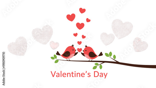 Two cute red birds perch on a tree branch with many hearts floating above them to celebrate Valentines Day in a simple flat style.