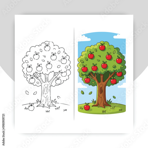 Cartoon Apple Tree with Red, Green, and Yellow Apples, Plus Coloring Page Outline. Perfect for Kids' Activities and Education.