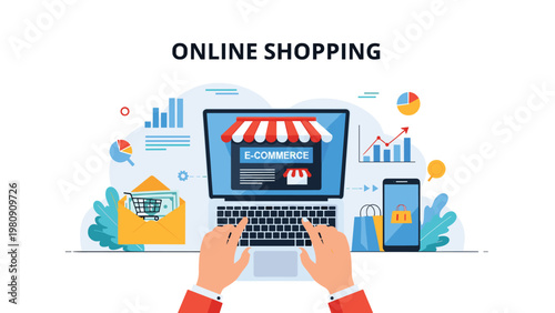 Person types on a laptop keyboard to shop online while surrounded by various e-commerce, banking, and data icons on a light blue background.