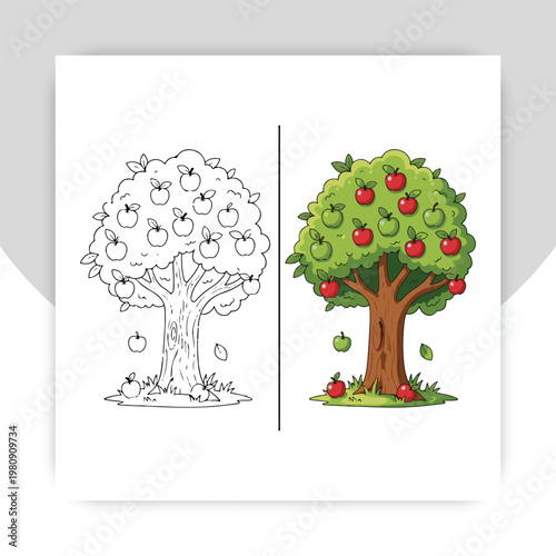 Cartoon Apple Tree with Red, Green, and Yellow Apples, Plus Coloring Page Outline. Perfect for Kids' Activities and Education.