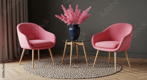 Modern living room interior with pink chairs and vase