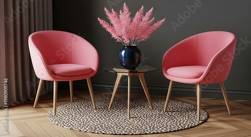 Pink chairs and vase with flowers on a small table in a room