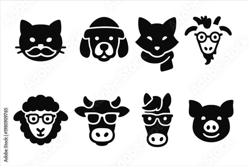 Hipster Animal Icons. Hipster Animals. Filled icon set of Hipster Animals: mustache cat, beanie dog, scarf fox