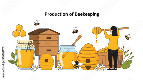 Beekeeping production scene showing a woman collecting honey from wooden beehives with flying bees, jars of honey, and sunflowers.