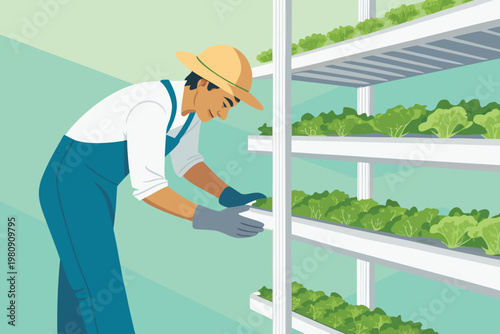 Harvesting Lettuce in Vertical Farm Scene Vector