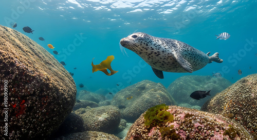 A playful harbor seal swims underwater with colorful fish on transparent background