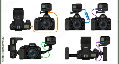 Various configurations of DSLR cameras with action camera and lens attachments