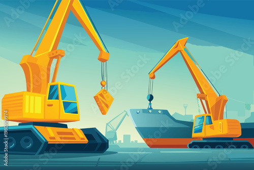 Heavy Machinery Dock Scene Vector Illustration of