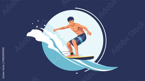 Athletic man surfs on a powerful ocean wave inside a circular frame against a dark blue background to represent adventure and sport.