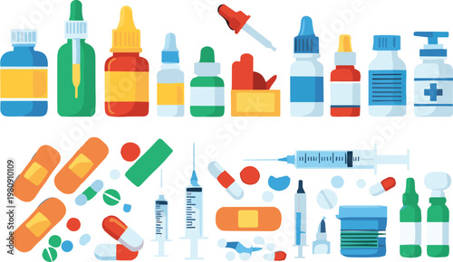 Medicine Bottle and Healthcare Supplies Vector Set with Pills Capsules Syringes Drops and Pharmaceutical Treatment Equipment Collection