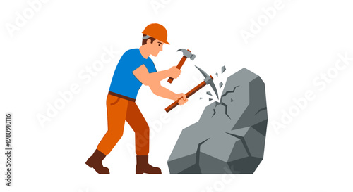 Cartoon miner breaks a large rock with a hammer and chisel