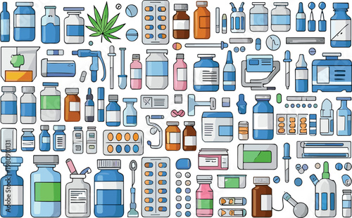Pharmaceutical Medical Equipment and Medicine Bottle Vector Set with Pills Syringes Vials Laboratory Tools and Healthcare Collection