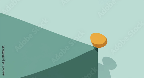 Orange coin at the edge of a teal surface with financial business investment illustration geometry precarious uncertainty decision strategy opportunity challenge
