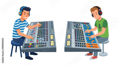 Two young men operate audio mixing consoles in a recording studio