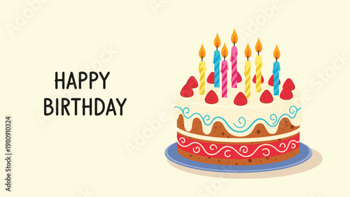 Two tier birthday cake decorated with fresh strawberries and many colorful burning candles against a simple cream background.