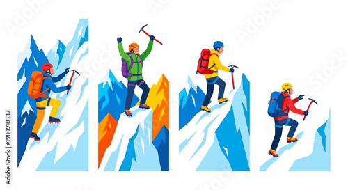 Mountaineers ascending a steep icy mountain in a vector illustration