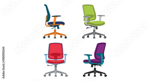 Four colorful office chairs isolated on a white background
