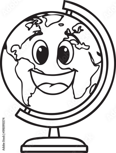 Smiling Globe, Cartoon Earth, Vector Illustration, Black and White