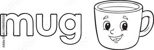 Smiling Mug Vector, Cartoon Coffee Cup, Funny Face Illustration, Black and White Line Art