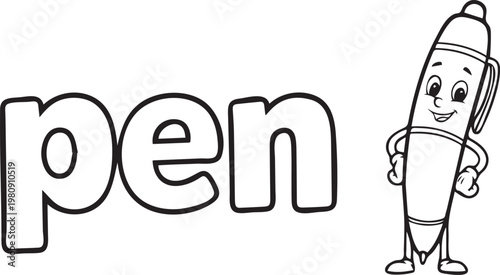 Cartoon pen character, smiling stationery icon, black and white illustration, educational vector
