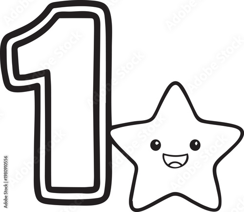 Cartoon star, smiling star, number one, black outline icons