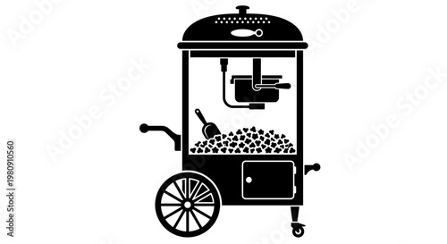 A black and white illustration of a vintage popcorn machine on wheels