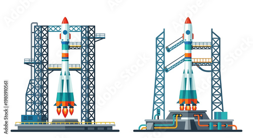 Illustration of two rocket ships poised for launch on platforms