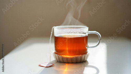 Cuadro en lienzo Steaming hot cup of tea with a teabag in a clear glass mug on white table indoor