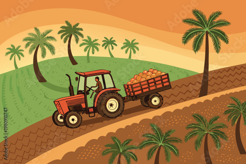 Heavy Machinery in Plantation Scene Vector Illust