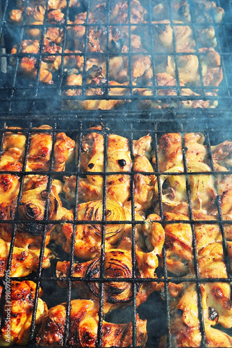 Grilled chicken skewers with onions